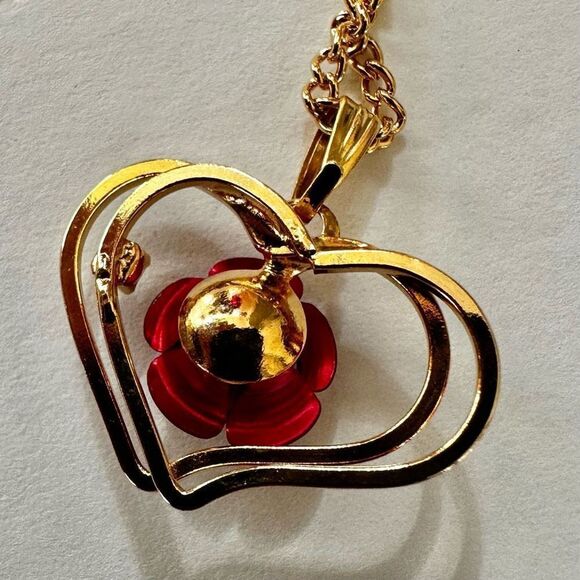 The Marquis Collection gold tone heart pendant with red rose necklace and earrin - Picture 6 of 15
